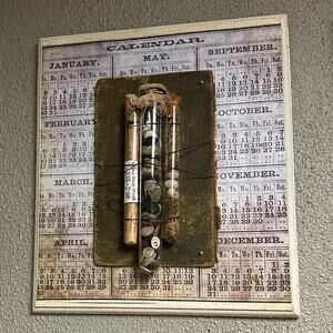 Hand Crafted New Etsy Vintage Calendar Art with Button Wall Art 13.5 long X 11.5
